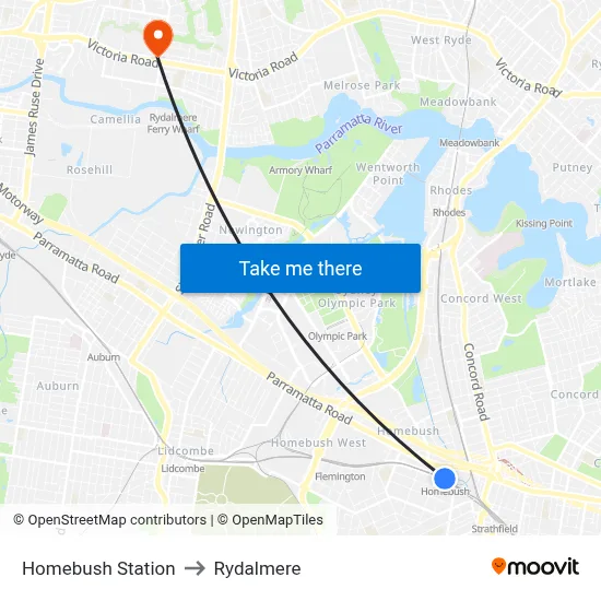 Homebush Station to Rydalmere map