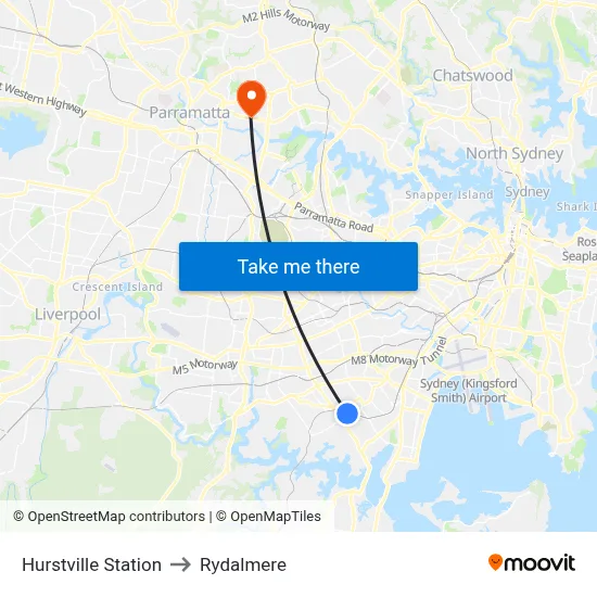 Hurstville Station to Rydalmere map