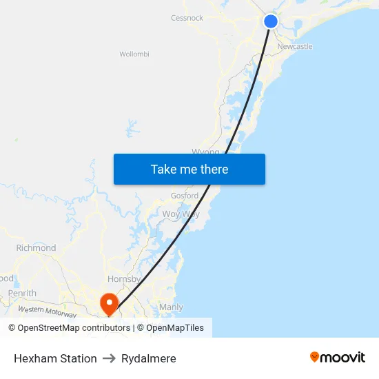 Hexham Station to Rydalmere map