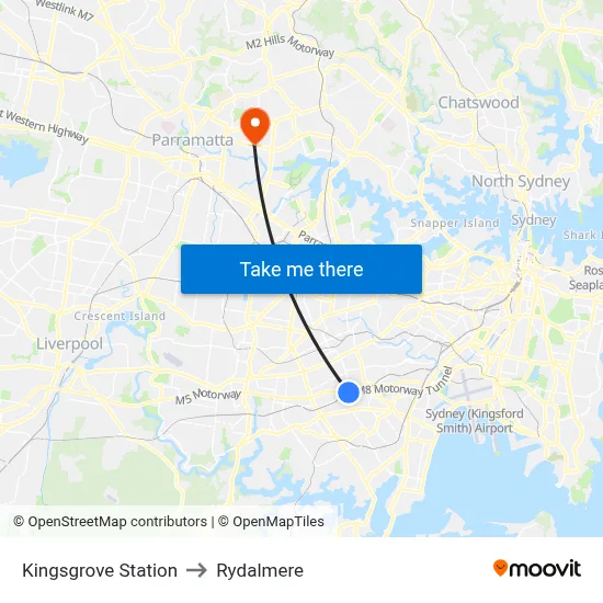 Kingsgrove Station to Rydalmere map