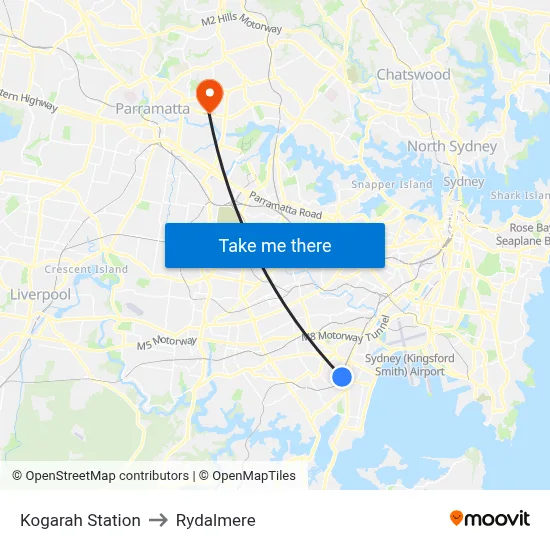 Kogarah Station to Rydalmere map