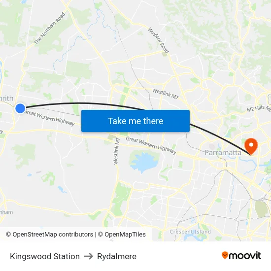 Kingswood Station to Rydalmere map
