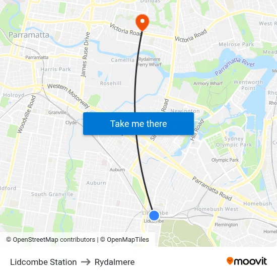 Lidcombe Station to Rydalmere map