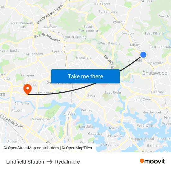 Lindfield Station to Rydalmere map