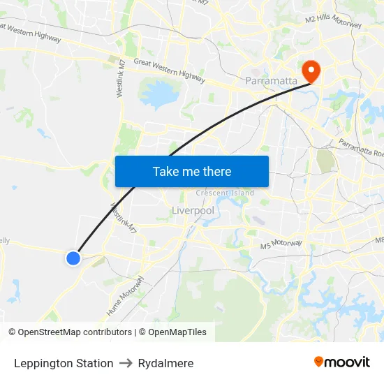 Leppington Station to Rydalmere map