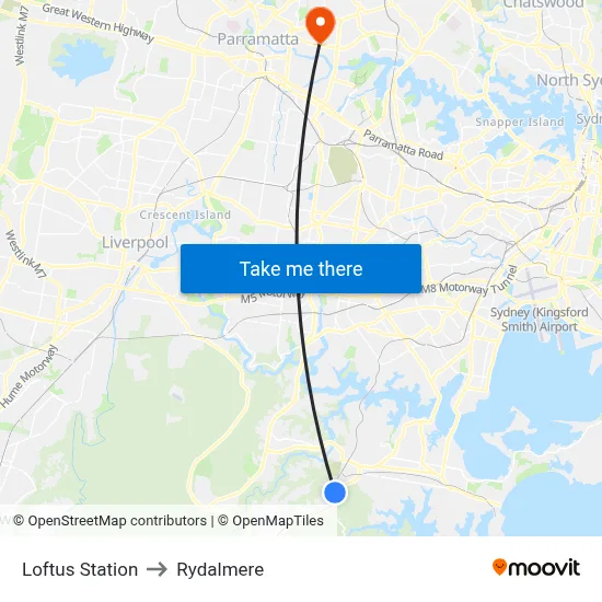 Loftus Station to Rydalmere map