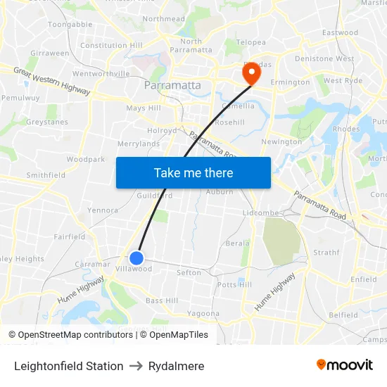 Leightonfield Station to Rydalmere map