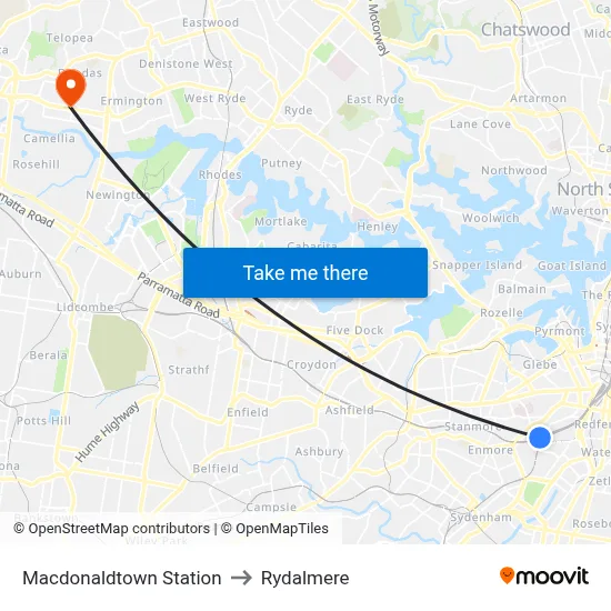 Macdonaldtown Station to Rydalmere map