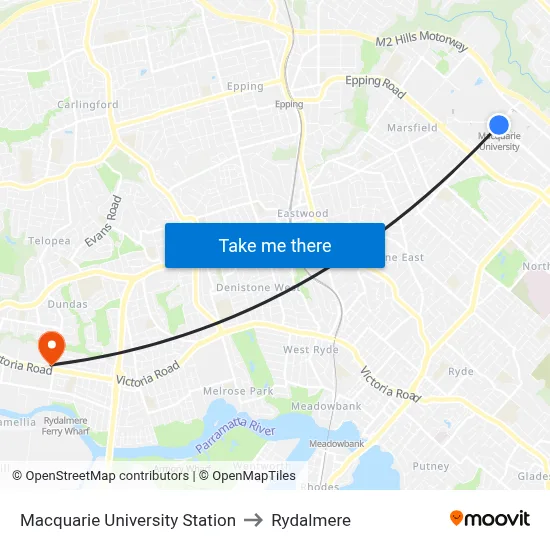 Macquarie University Station to Rydalmere map