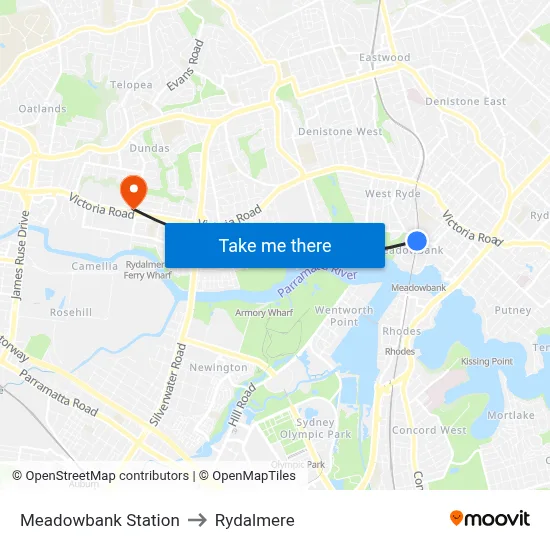 Meadowbank Station to Rydalmere map