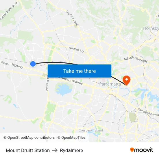 Mount Druitt Station to Rydalmere map