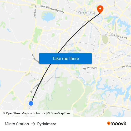 Minto Station to Rydalmere map