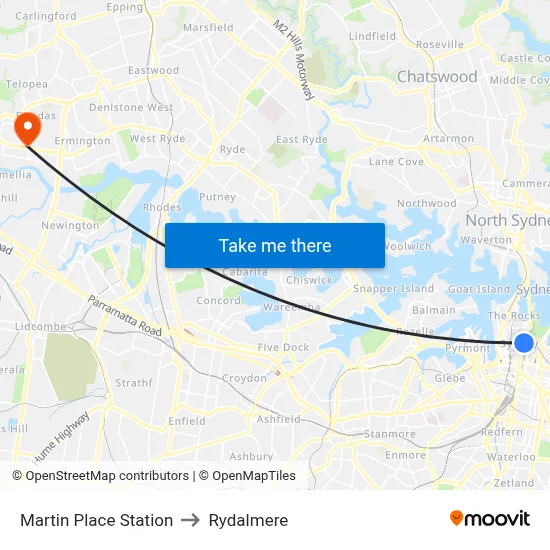 Martin Place Station to Rydalmere map