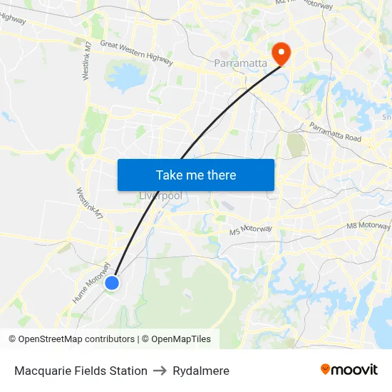 Macquarie Fields Station to Rydalmere map