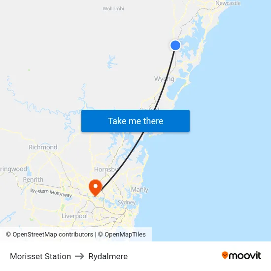 Morisset Station to Rydalmere map