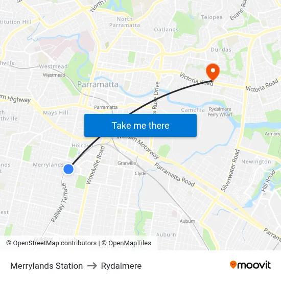 Merrylands Station to Rydalmere map