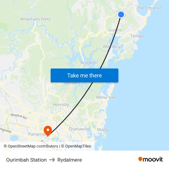 Ourimbah Station to Rydalmere map