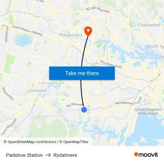 Padstow Station to Rydalmere map