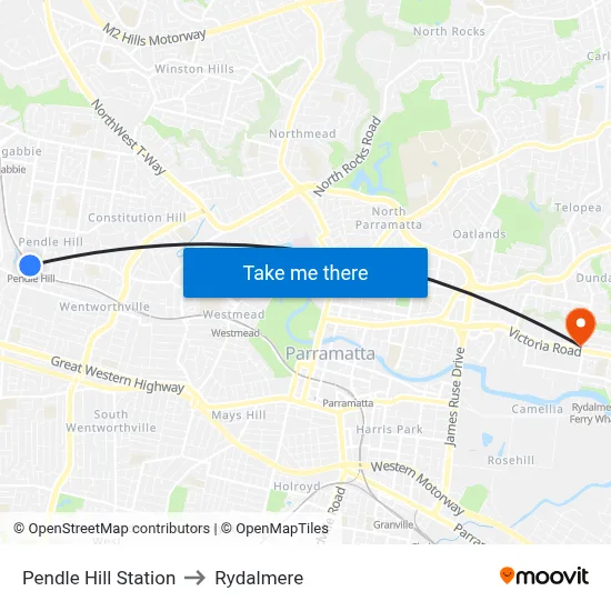 Pendle Hill Station to Rydalmere map
