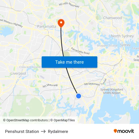 Penshurst Station to Rydalmere map