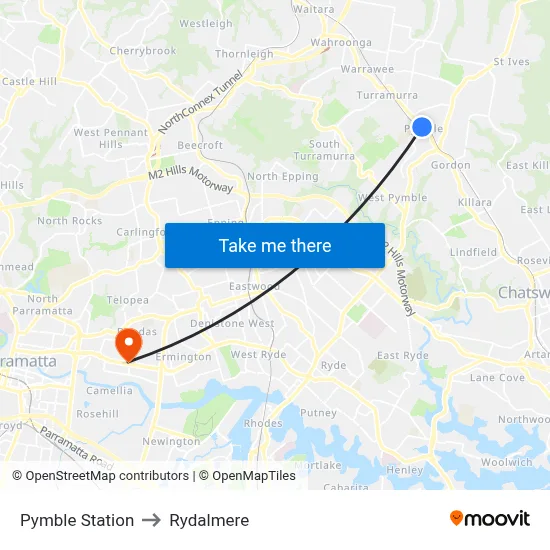 Pymble Station to Rydalmere map