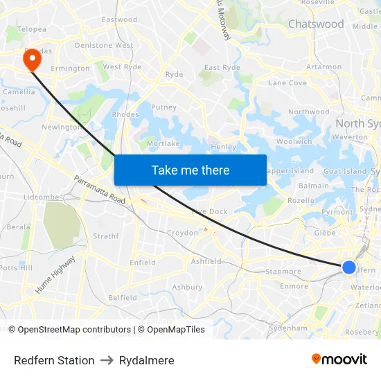 Redfern Station to Rydalmere map