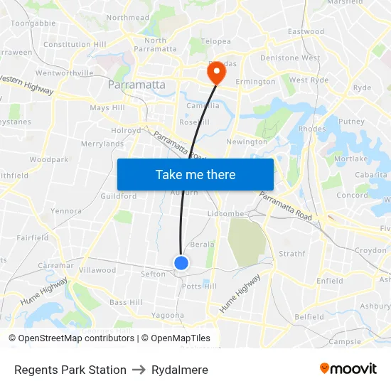 Regents Park Station to Rydalmere map