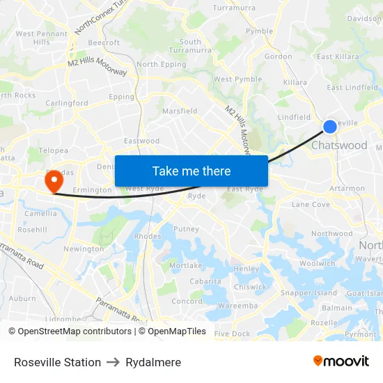 Roseville Station to Rydalmere map