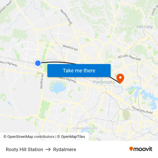 Rooty Hill Station to Rydalmere map