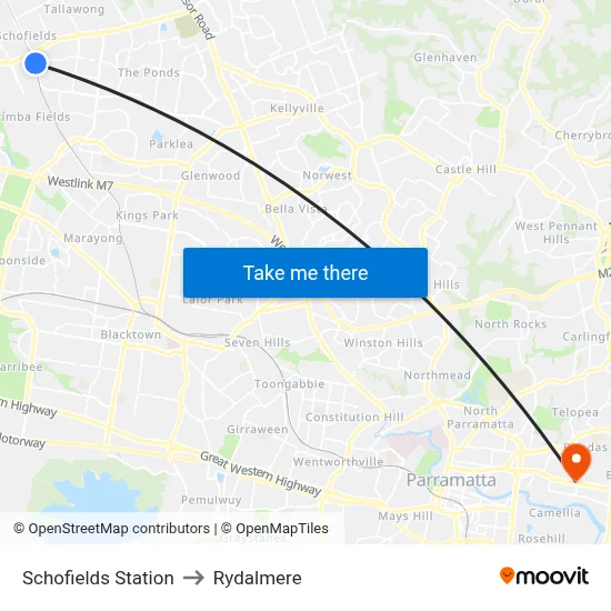 Schofields Station to Rydalmere map