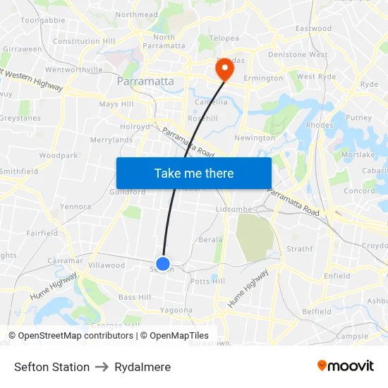 Sefton Station to Rydalmere map