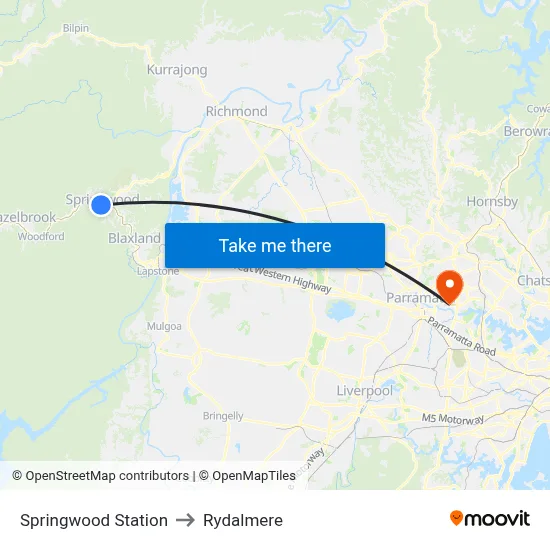 Springwood Station to Rydalmere map