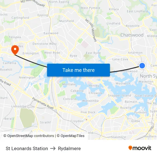 St Leonards Station to Rydalmere map