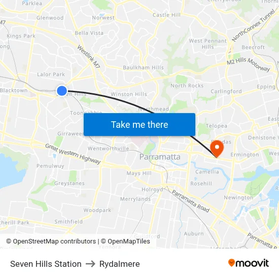 Seven Hills Station to Rydalmere map