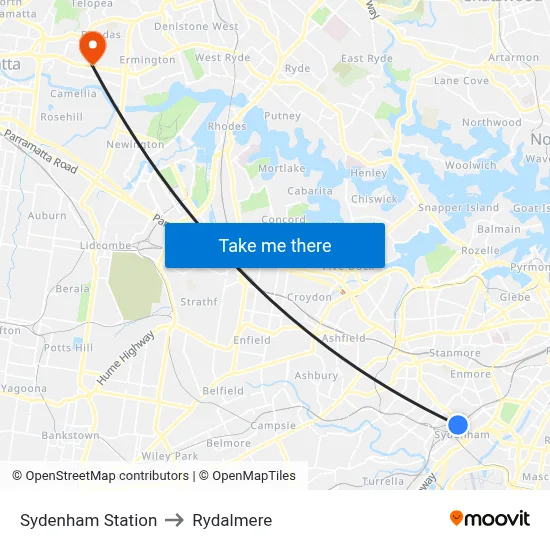 Sydenham Station to Rydalmere map