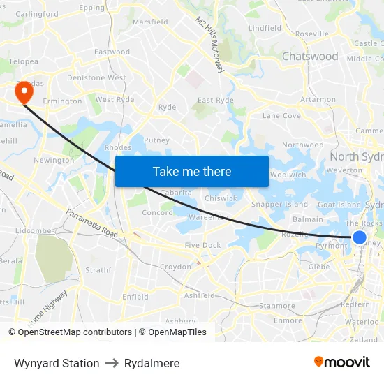 Wynyard Station to Rydalmere map