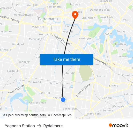 Yagoona Station to Rydalmere map