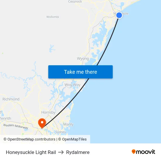 Honeysuckle Light Rail to Rydalmere map