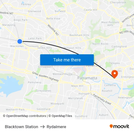 Blacktown Station to Rydalmere map