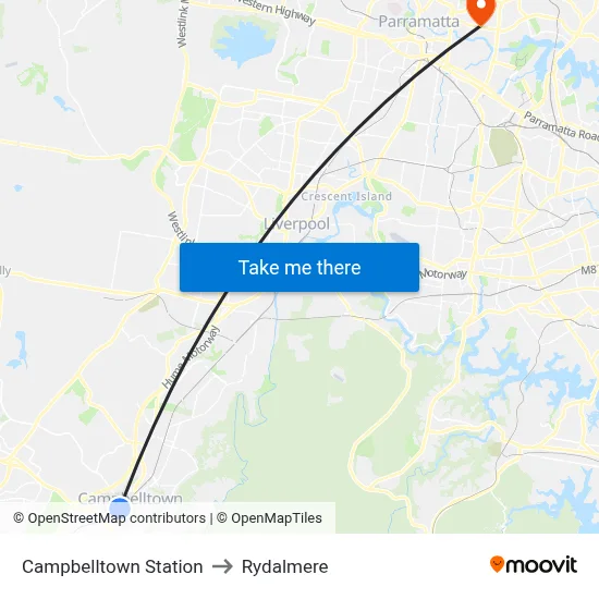 Campbelltown Station to Rydalmere map
