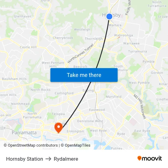 Hornsby Station to Rydalmere map
