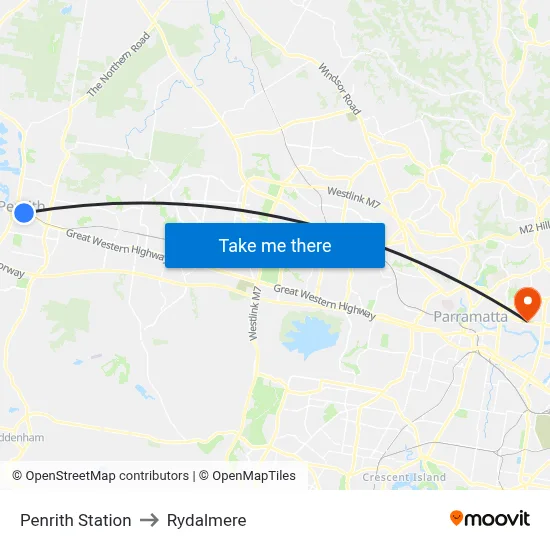 Penrith Station to Rydalmere map