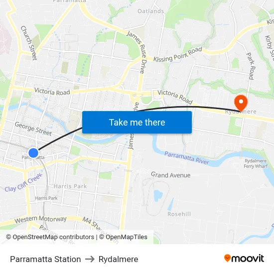Parramatta Station to Rydalmere map