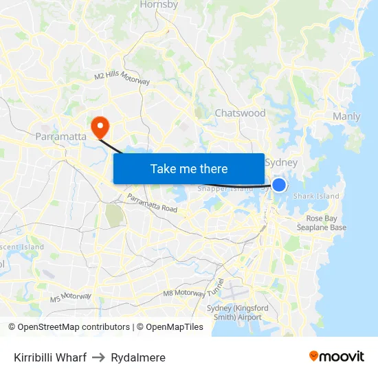 Kirribilli Wharf to Rydalmere map