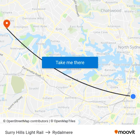 Surry Hills Light Rail to Rydalmere map