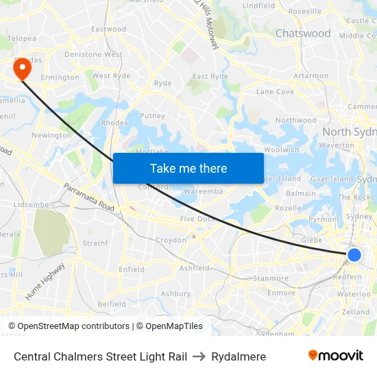 Central Chalmers Street Light Rail to Rydalmere map