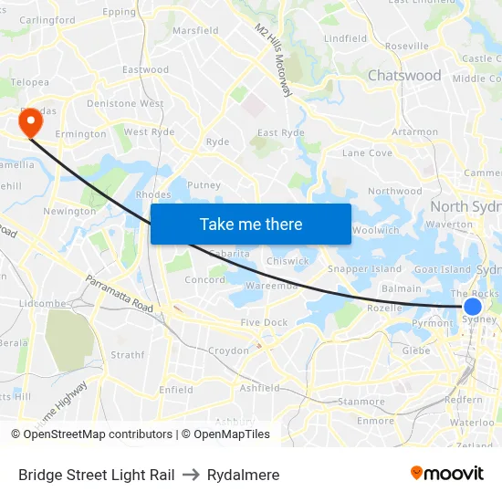 Bridge Street Light Rail to Rydalmere map