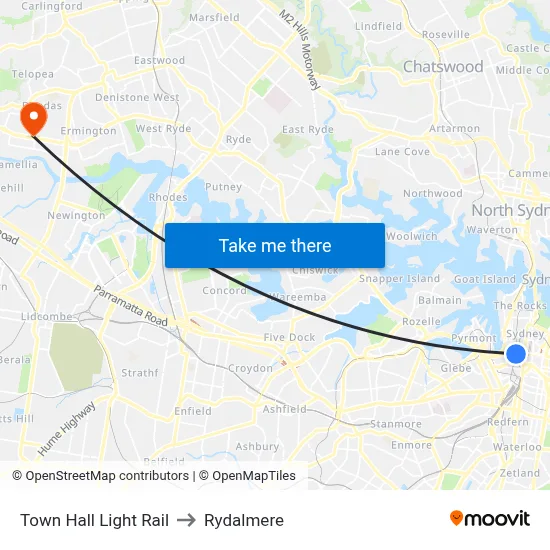 Town Hall Light Rail to Rydalmere map