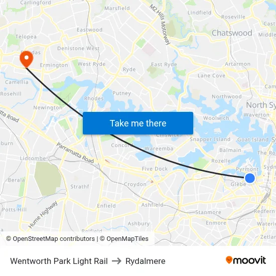 Wentworth Park Light Rail to Rydalmere map