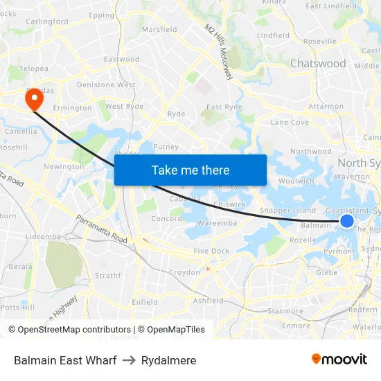 Balmain East Wharf to Rydalmere map